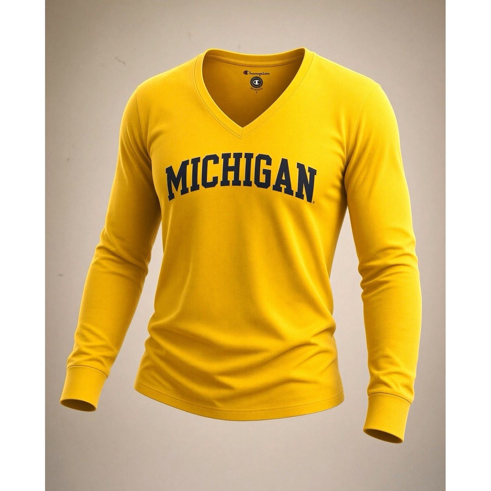 Champion Michigan Wolverines Yellow Long Sleeve V-Neck Shirt – Size L
